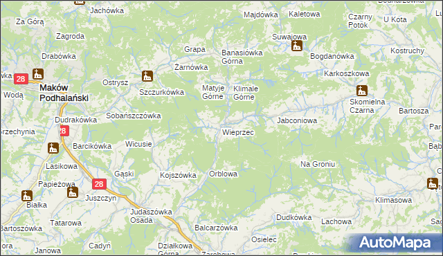 mapa Wieprzec gmina Maków Podhalański, Wieprzec gmina Maków Podhalański na mapie Targeo