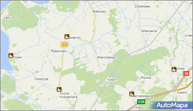 mapa Wierciszewo gmina Sianów, Wierciszewo gmina Sianów na mapie Targeo