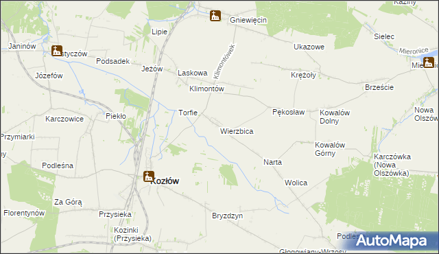 mapa Wierzbica gmina Kozłów, Wierzbica gmina Kozłów na mapie Targeo