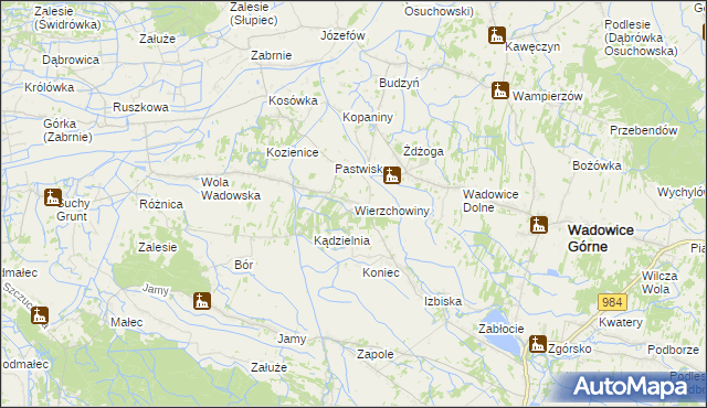 mapa Wierzchowiny gmina Wadowice Górne, Wierzchowiny gmina Wadowice Górne na mapie Targeo