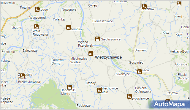 mapa Wietrzychowice powiat tarnowski, Wietrzychowice powiat tarnowski na mapie Targeo