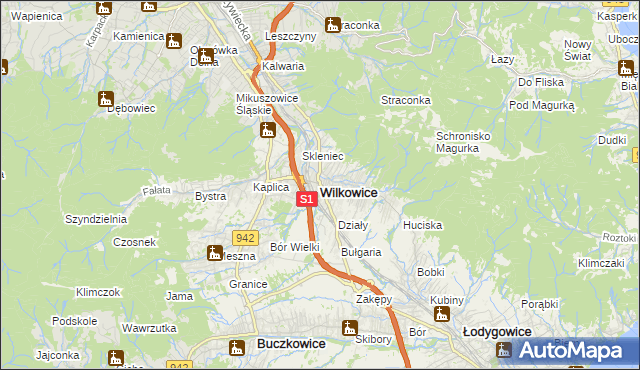 mapa Wilkowice powiat bielski, Wilkowice powiat bielski na mapie Targeo