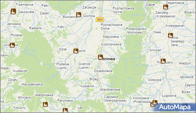mapa Wiśniowa powiat myślenicki, Wiśniowa powiat myślenicki na mapie Targeo