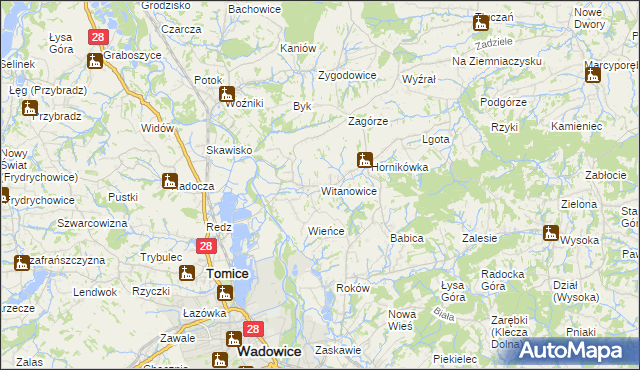 mapa Witanowice gmina Tomice, Witanowice gmina Tomice na mapie Targeo
