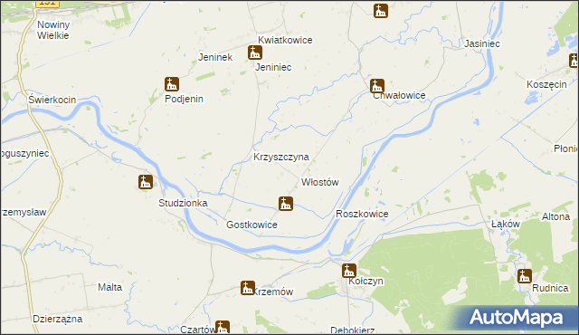 mapa Włostów gmina Bogdaniec, Włostów gmina Bogdaniec na mapie Targeo