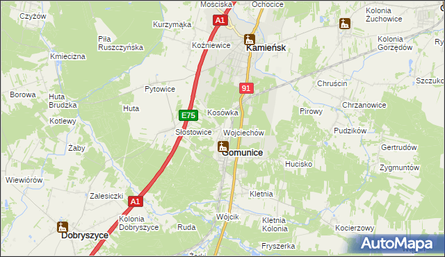 mapa Wojciechów gmina Gomunice, Wojciechów gmina Gomunice na mapie Targeo