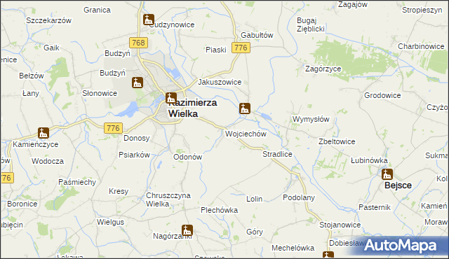 mapa Wojciechów gmina Kazimierza Wielka, Wojciechów gmina Kazimierza Wielka na mapie Targeo