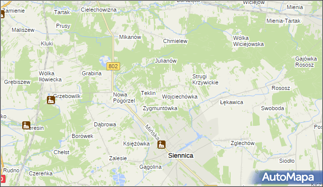 mapa Wojciechówka gmina Siennica, Wojciechówka gmina Siennica na mapie Targeo