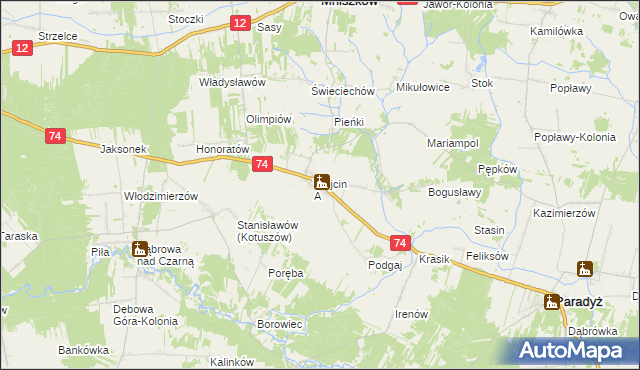 mapa Wójcin gmina Paradyż, Wójcin gmina Paradyż na mapie Targeo