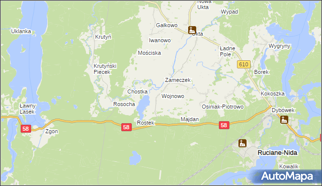 mapa Wojnowo gmina Ruciane-Nida, Wojnowo gmina Ruciane-Nida na mapie Targeo