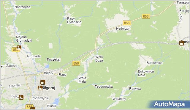 mapa Wola Duża gmina Biłgoraj, Wola Duża gmina Biłgoraj na mapie Targeo