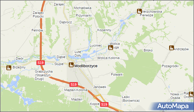 mapa Wolica-Kolonia gmina Modliborzyce, Wolica-Kolonia gmina Modliborzyce na mapie Targeo