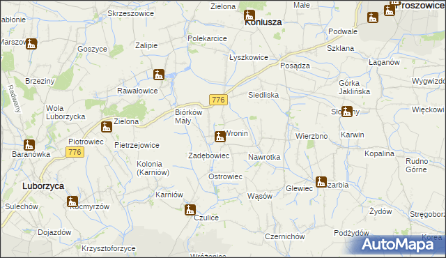 mapa Wronin gmina Koniusza, Wronin gmina Koniusza na mapie Targeo
