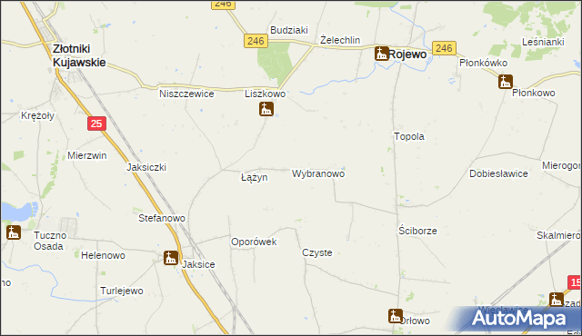 mapa Wybranowo gmina Rojewo, Wybranowo gmina Rojewo na mapie Targeo