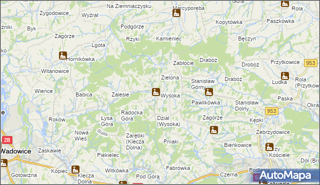 mapa Wysoka gmina Wadowice, Wysoka gmina Wadowice na mapie Targeo