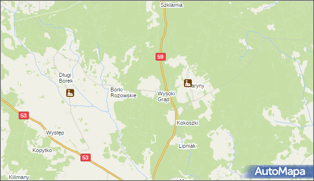 mapa Wysoki Grąd gmina Rozogi, Wysoki Grąd gmina Rozogi na mapie Targeo