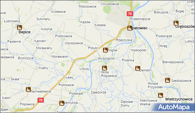 mapa Wyszogród gmina Opatowiec, Wyszogród gmina Opatowiec na mapie Targeo