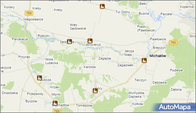 mapa Zagajów gmina Michałów, Zagajów gmina Michałów na mapie Targeo
