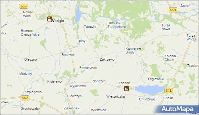 mapa Zakrzewo gmina Wielgie, Zakrzewo gmina Wielgie na mapie Targeo