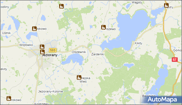 mapa Żardeniki gmina Jeziorany, Żardeniki gmina Jeziorany na mapie Targeo