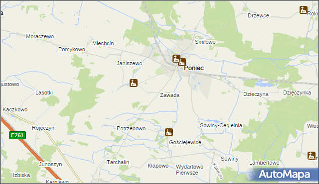 mapa Zawada gmina Poniec, Zawada gmina Poniec na mapie Targeo