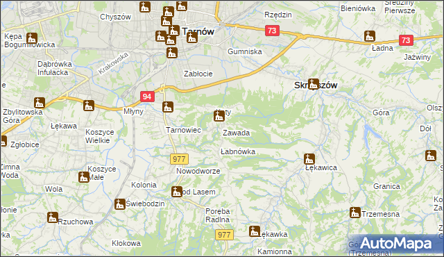 mapa Zawada gmina Tarnów, Zawada gmina Tarnów na mapie Targeo
