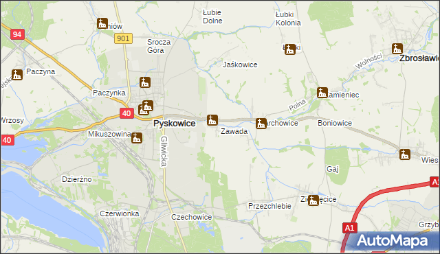 mapa Zawada gmina Zbrosławice, Zawada gmina Zbrosławice na mapie Targeo