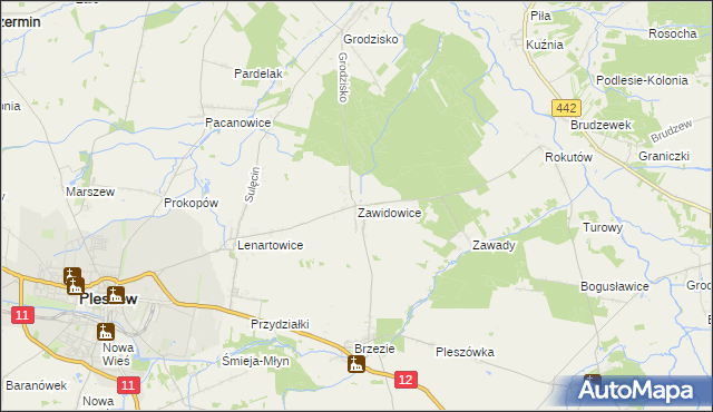 mapa Zawidowice gmina Pleszew, Zawidowice gmina Pleszew na mapie Targeo