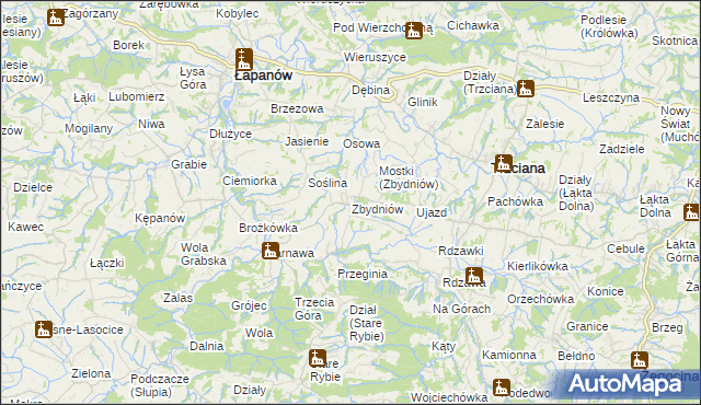 mapa Zbydniów gmina Łapanów, Zbydniów gmina Łapanów na mapie Targeo