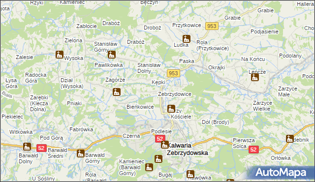 mapa Zebrzydowice gmina Kalwaria Zebrzydowska, Zebrzydowice gmina Kalwaria Zebrzydowska na mapie Targeo