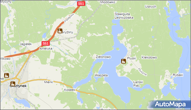 mapa Zielonowo gmina Stawiguda, Zielonowo gmina Stawiguda na mapie Targeo