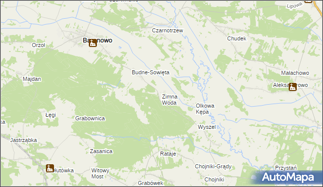 mapa Zimna Woda gmina Baranowo, Zimna Woda gmina Baranowo na mapie Targeo
