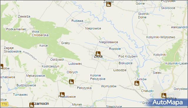 mapa Złota powiat pińczowski, Złota powiat pińczowski na mapie Targeo