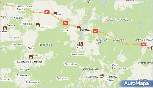 mapa Złoty Potok gmina Janów, Złoty Potok gmina Janów na mapie Targeo