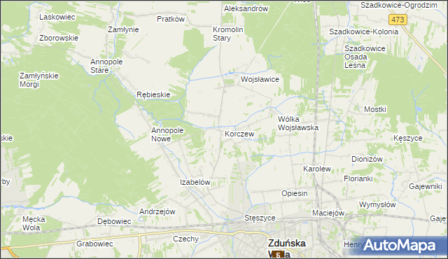 mapa Korczew gmina Zduńska Wola, Korczew gmina Zduńska Wola na mapie Targeo