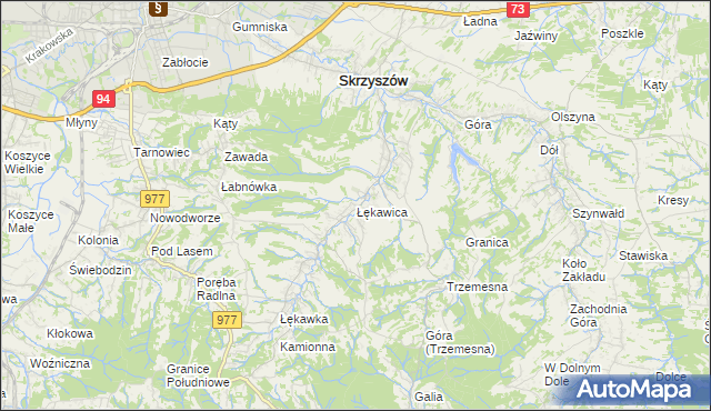 mapa Łękawica gmina Skrzyszów, Łękawica gmina Skrzyszów na mapie Targeo