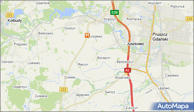mapa Borzęcin gmina Pruszcz Gdański, Borzęcin gmina Pruszcz Gdański na mapie Targeo