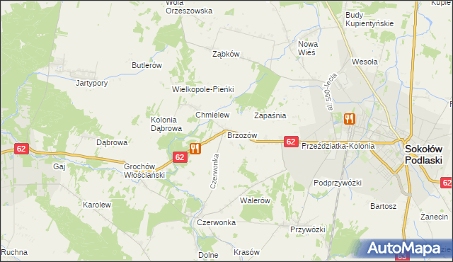 mapa Brzozów gmina Sokołów Podlaski, Brzozów gmina Sokołów Podlaski na mapie Targeo