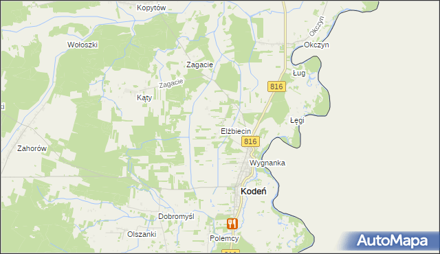 mapa Elżbiecin gmina Kodeń, Elżbiecin gmina Kodeń na mapie Targeo