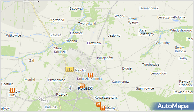 mapa Felicjanów gmina Koluszki, Felicjanów gmina Koluszki na mapie Targeo