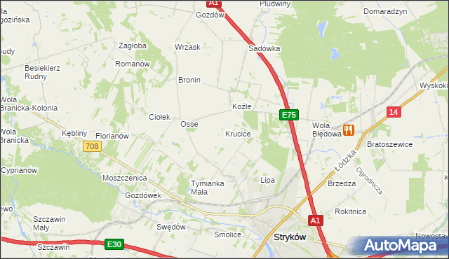 mapa Krucice gmina Stryków, Krucice gmina Stryków na mapie Targeo