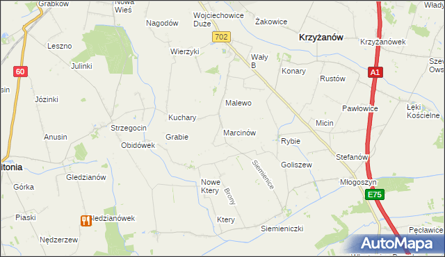 mapa Marcinów gmina Krzyżanów, Marcinów gmina Krzyżanów na mapie Targeo