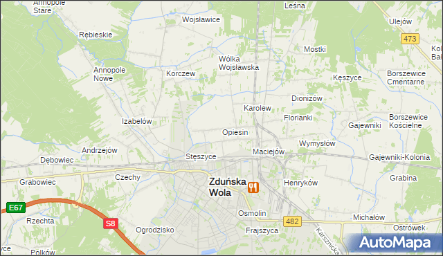 mapa Opiesin gmina Zduńska Wola, Opiesin gmina Zduńska Wola na mapie Targeo