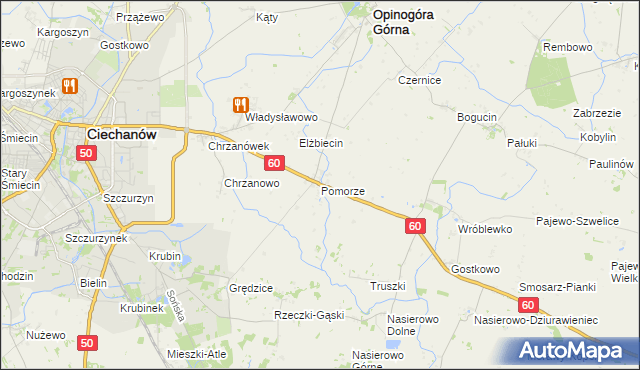 mapa Pomorze gmina Opinogóra Górna, Pomorze gmina Opinogóra Górna na mapie Targeo