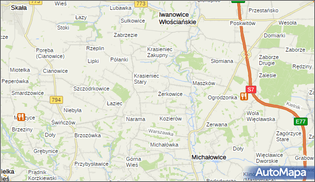 mapa Żerkowice gmina Iwanowice, Żerkowice gmina Iwanowice na mapie Targeo