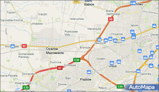 mapa Bronisze gmina Ożarów Mazowiecki, Bronisze gmina Ożarów Mazowiecki na mapie Targeo