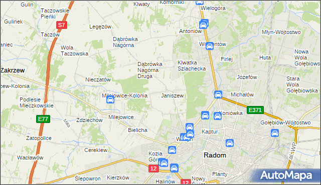 mapa Janiszew gmina Zakrzew, Janiszew gmina Zakrzew na mapie Targeo