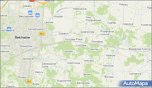 mapa Korczew gmina Bełchatów, Korczew gmina Bełchatów na mapie Targeo