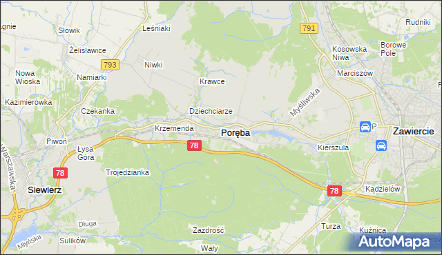 mapa Poręba powiat zawierciański, Poręba powiat zawierciański na mapie Targeo