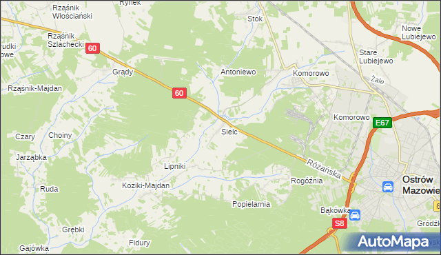 mapa Sielc gmina Ostrów Mazowiecka, Sielc gmina Ostrów Mazowiecka na mapie Targeo